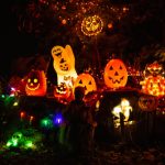 Scary,Halloween,Decorations,Outdoors,At,Night,Lighted